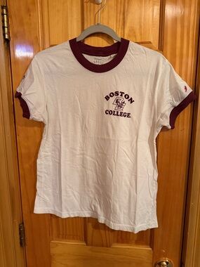 Boston College Women's White Ringer Tee with Maroon Trim